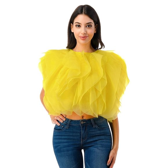 Yellow Ruffle Tulle Crop Top Blouse – Statement Organza Top - Picture 4 of 9